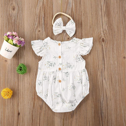 Newborn Baby Girl Romper Floral Ruffle Sleeveless Jumpsuit Cotton Bodysuit with Headband Summer Clothes Outfit