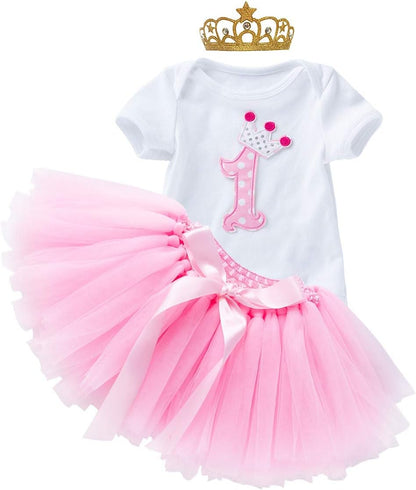 Princess 1St Birthday Cake Smash 3Pcs Outfits Baby Girls Cotton Romper Bodysuit Rainbow Tutu Skirt Crown Headband