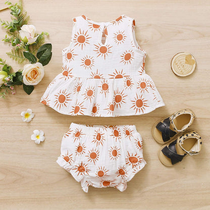 Toddler Baby Girl Cotton Linen Clothes Set,Daisy/Sun Printed Ruffled Hem Tank Tops Shorts Set 2Pcs Summer Outfits