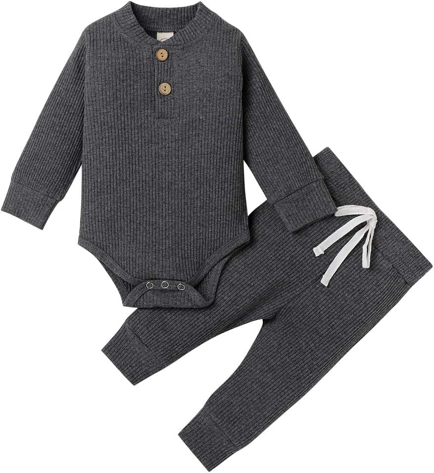 Winter Newborn Baby Boy Girl Clothes Set Ribbed Outfits Unisex Infant Solid Cotton Button Long Sleeve Tops Pants 2PCS