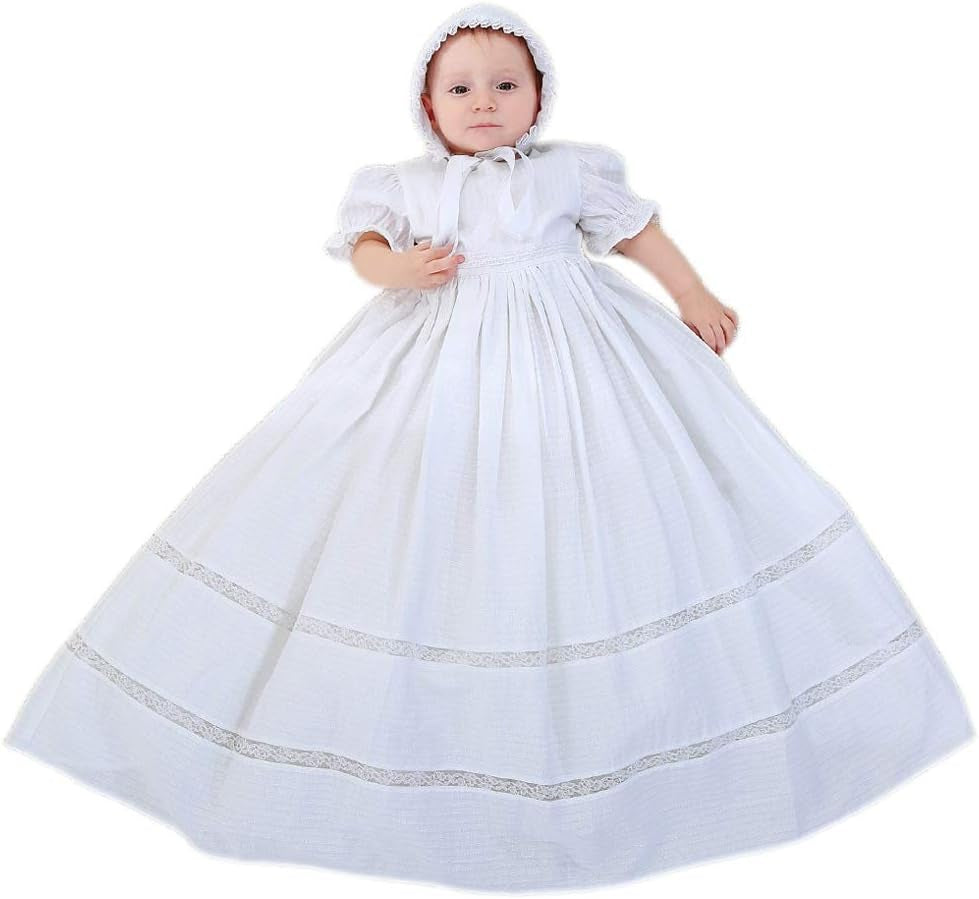 Baby Newborn Baptism Delicate Cotton Dress Gown with Bonnet for 0-15 Months