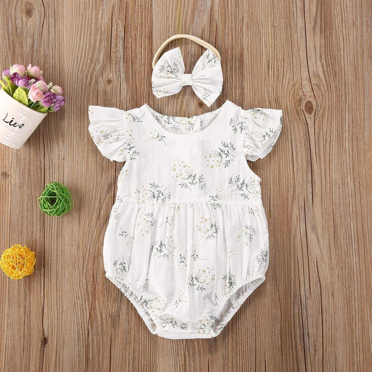 Newborn Baby Girl Romper Floral Ruffle Sleeveless Jumpsuit Cotton Bodysuit with Headband Summer Clothes Outfit