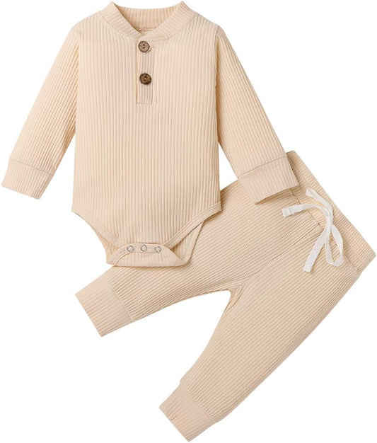 Winter Newborn Baby Boy Girl Clothes Set Ribbed Outfits Unisex Infant Solid Cotton Button Long Sleeve Tops Pants 2PCS