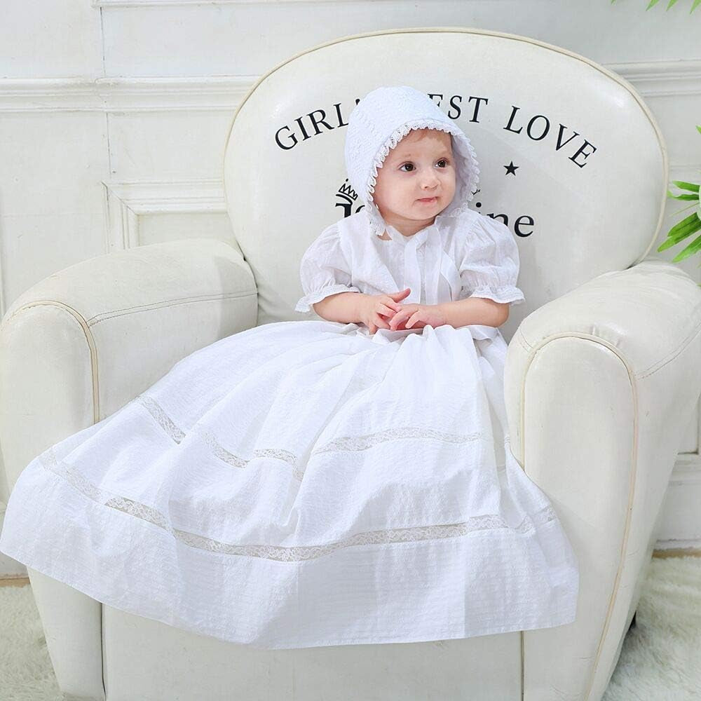 Baby Newborn Baptism Delicate Cotton Dress Gown with Bonnet for 0-15 Months