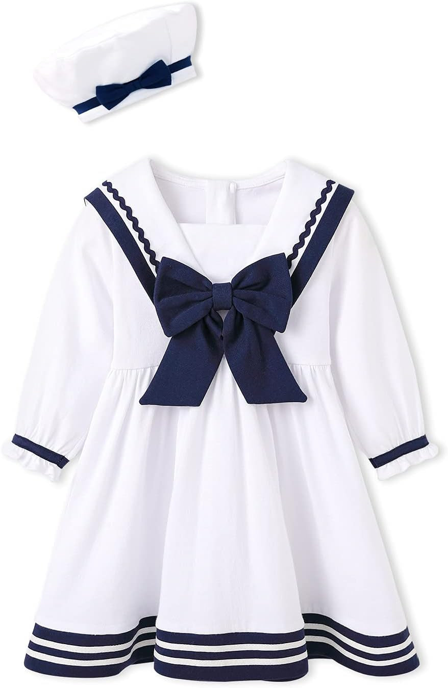 Baby Toddler Girl Nautical Sailor Dress with Hat 100% Cotton Outfit 0-4T