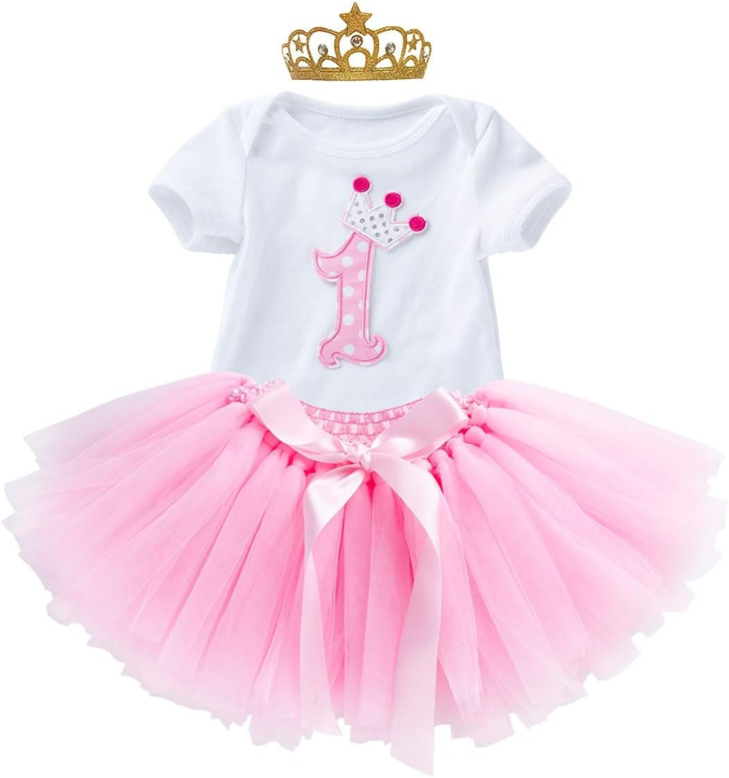 Princess 1St Birthday Cake Smash 3Pcs Outfits Baby Girls Cotton Romper Bodysuit Rainbow Tutu Skirt Crown Headband